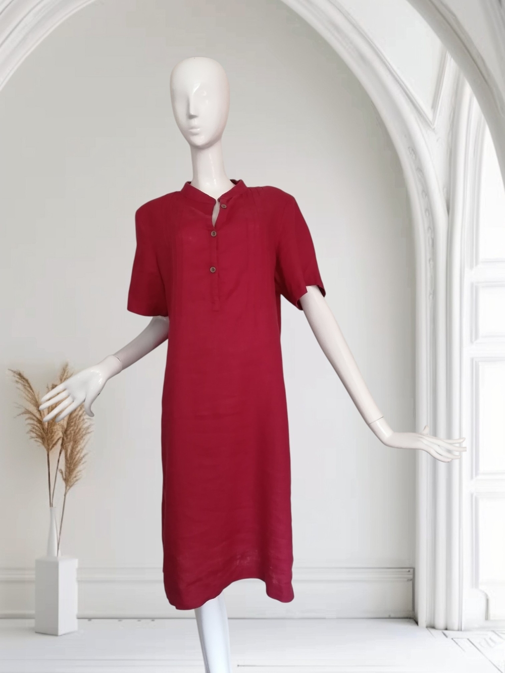 100% linen❤️Silhouette Berry Short-Sleeve V-Neck Midi Dress - Picture 2 of 7